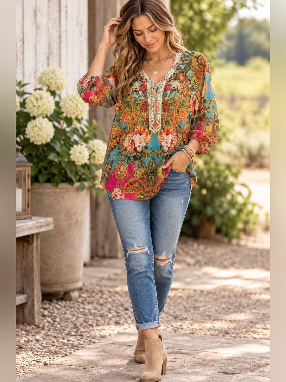 Fig and Flower Boho Paisley Floral Lace Back Blouse Size Small